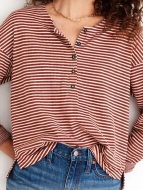 Madewell Dusty Redwood Stiped Henley Tee Size 2X.